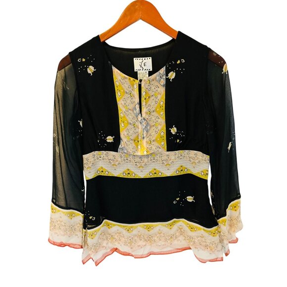 Ice Sheer Boho Black Yellow Tunic Blouse 100% Silk Made in Italy - Picture 2 of 11